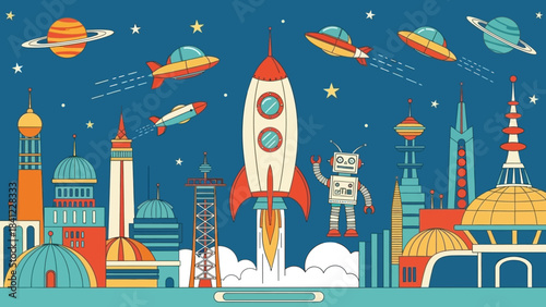 Retro rocket launching from futuristic city with friendly robot.