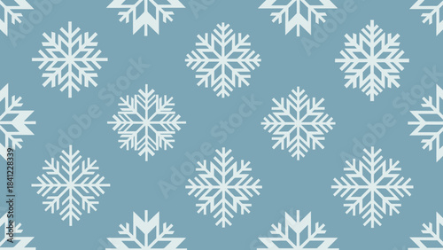 Seamless pattern of white snowflakes on a light blue background, winter theme.