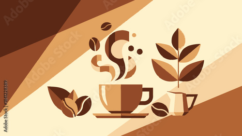 Stylized Coffee Cup with Beans and Leaves.