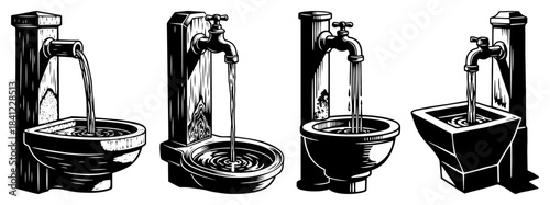 Outdoor Water Spigot Fountain Set Line Art Vector – Vintage Drinking Basin Illustrations
