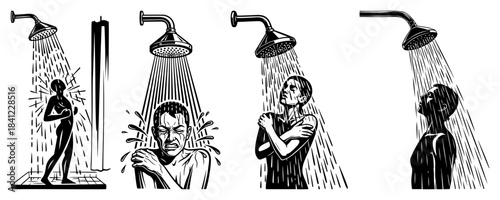 Man taking cold shower showing shock and shivering under water jet vector illustration in vintage engraving style
