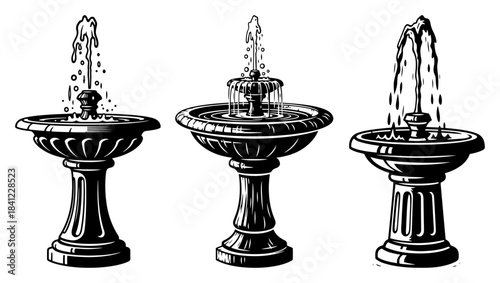 Pedestal Garden Fountain Set Line Art Vector – Decorative Outdoor Water Feature Illustrations
