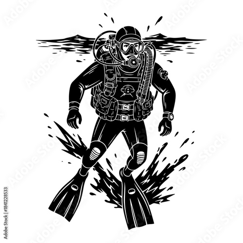 Scuba Diver in Full Gear Emerging from Water – Detailed Underwater Adventure Line Art Vector Illustration