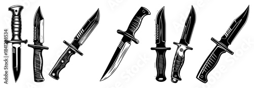 Tactical Knife Collection Detailed Survival Blade Line Art Vector Set