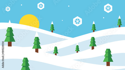 Winter landscape with snow covered hills and evergreen trees under a bright sun.