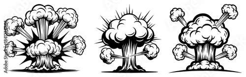 Set of atomic mushroom cloud explosions in comic book style black and white vector illustration