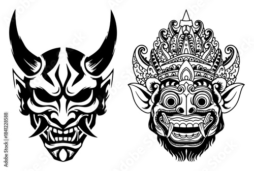 Japanese Oni demon and Balinese Barong mythical mask vector illustration set for tattoo design