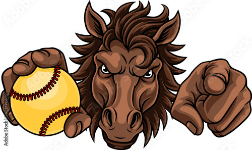 Horse mustang bronco stallion baseball softball angry sports team mascot holding a ball.