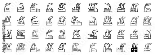 Factory Emission Icons Set Industrial Smokestack Pollution Line Art Vector Symbols