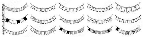 Bunting Pennant Garland Icons Decorative Hanging Flag Banner Line Art Vector Set