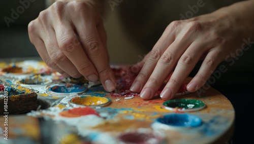 Mixing and scraping adult hands working on round wooden palette at art studio table, using knife