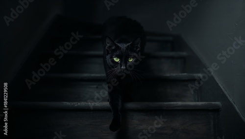 Descending sleek black cat gliding down narrow wooden stairs with plaster walls, low light pools © Future Vision