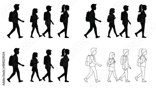 Silhouettes of walking people in different poses and line art variations