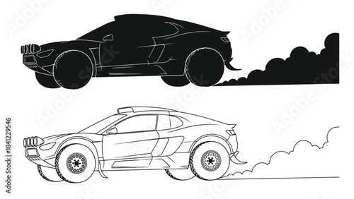 Stylized illustration of a modern sports car drifting and racing aggressively