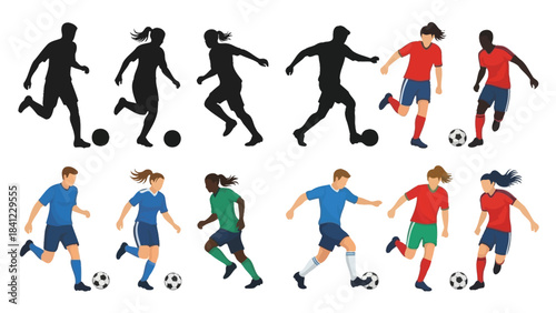 Diverse soccer players in action silhouettes and colorful illustrations