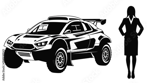 A sleek black racing car and a silhouette of a woman standing nearby