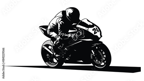 A dynamic black and white illustration of a racer on a speeding motorcycle