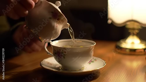 Pouring Hot Tea into an Elegant Floral Teacup