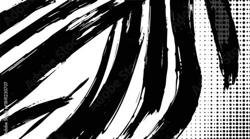 Dynamic black ink brush strokes on a white background, creating an abstract and expressive composition with diagonal lines and splatters.