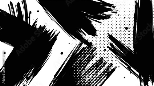 Dynamic black ink brush strokes on a white background, creating an abstract and expressive composition with diagonal lines and splatters.