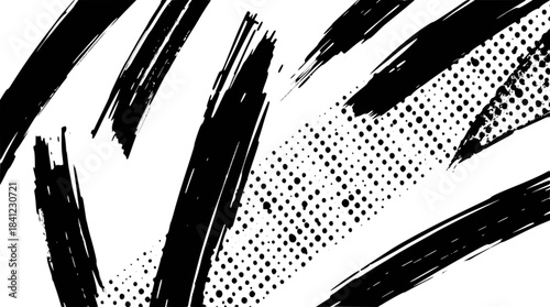 Dynamic black ink brush strokes on a white background, creating an abstract and expressive composition with diagonal lines and splatters.