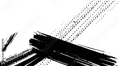 Dynamic black ink brush strokes on a white background, creating an abstract and expressive composition with diagonal lines and splatters.