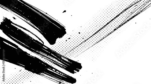 Dynamic black ink brush strokes on a white background, creating an abstract and expressive composition with diagonal lines and splatters.