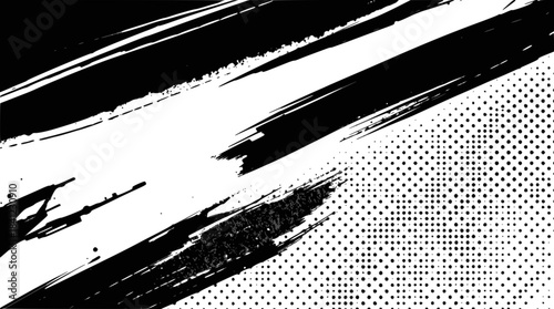 Dynamic black ink brush strokes on a white background, creating an abstract and expressive composition with diagonal lines and splatters.