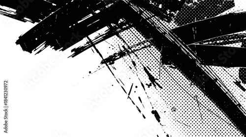 Dynamic black ink brush strokes on a white background, creating an abstract and expressive composition with diagonal lines and splatters.