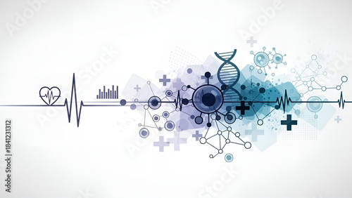 Abstract medical science concept with dna helix, cell structure, and heartbeat ekg line