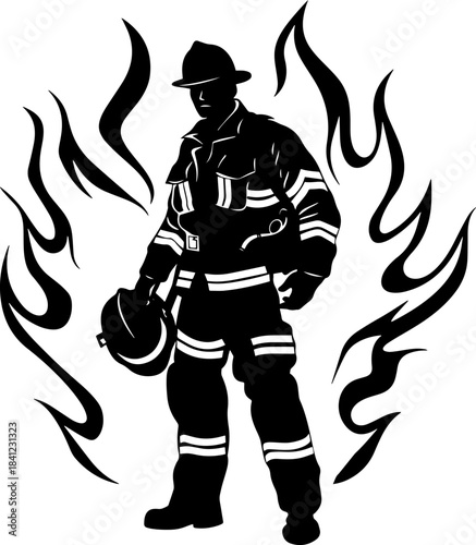 Vintage Firefighter Silhouette with Flames in Xerography Halftone Style, Retro Heroic Emergency Illustration on Transparent Background