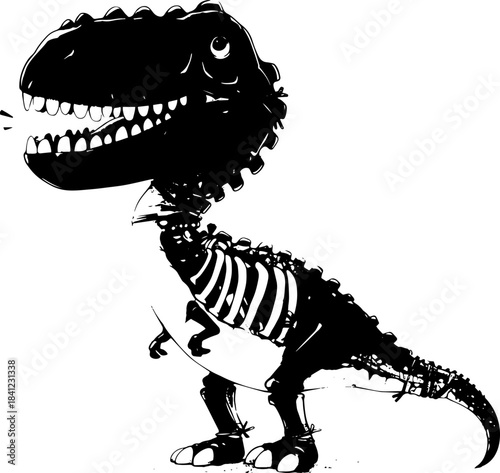 Vintage Cartoon T-Rex Skeleton Silhouette in Xerography Halftone Style, Retro Playful Dinosaur Illustration on Transparent Background