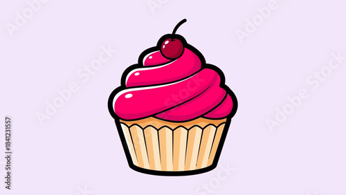 Delicious Cupcake with Pink Frosting and Cherry Topping Illustration.