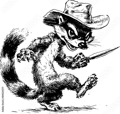 Vintage Engraving Racoon Outlaw Duo, Retro Bandit Animals Illustration, Black and White Etching Character Art