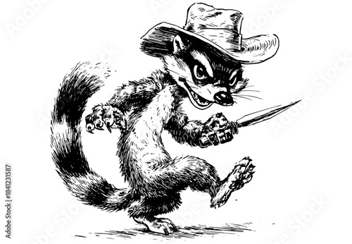 Vintage Engraving Racoon Outlaw Duo, Retro Bandit Animals Illustration, Black and White Etching Character Art