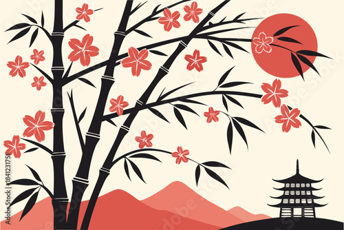 Japanese maple tree in a Japanese garden vector illustration