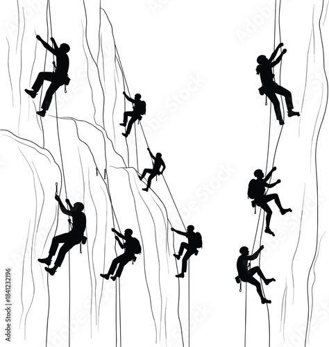 Silhouettes of rock climbers ascending a textured cliff face