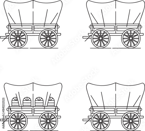 Set of Covered wagons Outline vector illustration isolated On Transparent Background