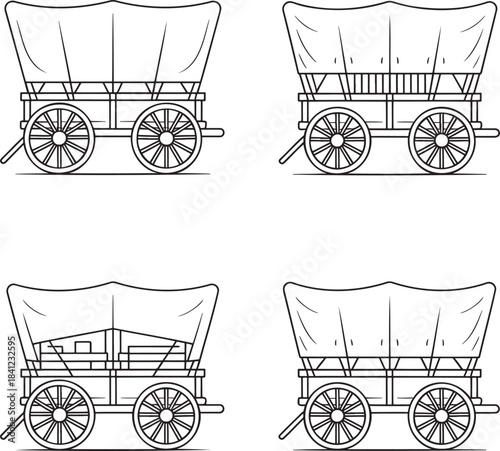 Set of Covered wagons Outline vector illustration isolated On Transparent Background