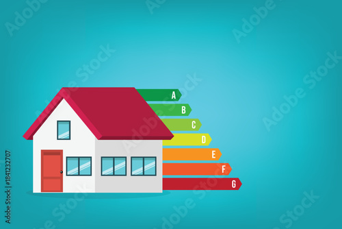 Energy efficient house concept with classification graph sign, home energy efficiency rating