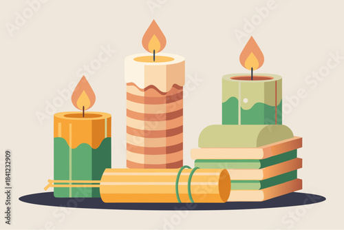 Burning candles with stacked books and rolled mats in warm cozy atmosphere in flat minimal style