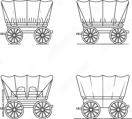 Set of Covered wagons Outline vector illustration isolated On Transparent Background