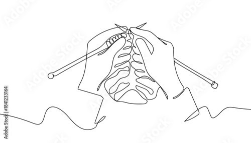 A hand knitting yarn in a continuous line. Single line drawing vector illustration. Editable stroke.