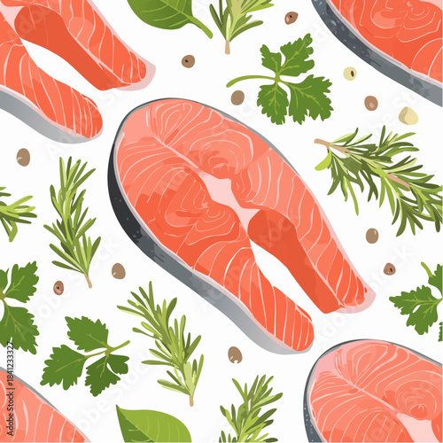 Seafood seamless pattern with pink salmon, vector illustration