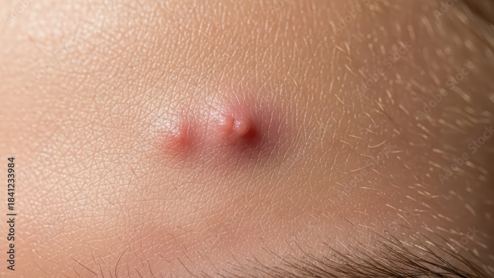 Fototapeta premium Close-up of skin with acne on forehead showing inflammation and texture