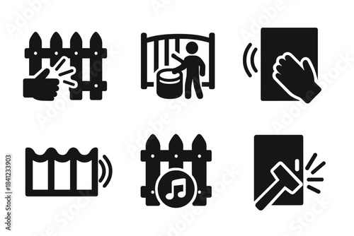 Musical Motion Icons. Solid style icons of musical motion: percussive fence beat, drumming gate rhythm, tapping wall flow,