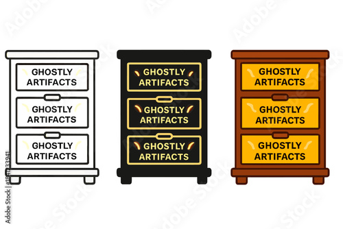 Glowing Artifact Drawers. Wooden cabinet with glowing drawers labeled for ghostly or supernatural artifacts, first in line style