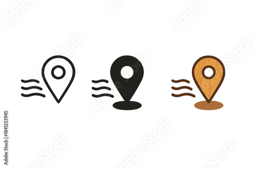 Wooden Pin Styles. Single wooden pin icon positioned on clean fabric corner with breeze lines, first in line style with thin