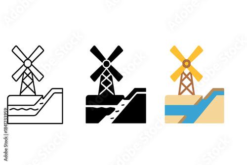 Windmill Pump Styles. Windmill-style pump transferring water through narrow canal system, first in line style with thin outline,