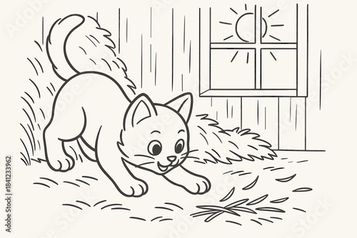 Kitten's Hayloft Adventure. Playful kitten chasing straw pieces in sunny hayloft corner, first in line style with thin outline,
